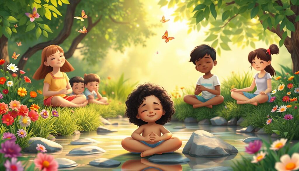 A serene scene depicting inner child meditation, featuring a diverse group of children sitting in a peaceful garden, surrounded by vibrant flowers and lush greenery. In the foreground, a young child with curly hair is cross-legged, eyes closed, radiating calmness and joy. In the middle ground, a gentle stream flows with smooth stones and delicate butterflies fluttering above. The background showcases soft, sunlit trees filtering through leaves, casting playful shadows. The lighting is warm and inviting, enhancing the peaceful atmosphere. The overall mood is tranquil and reflective, promoting healing and emotional growth. The image should appear crisp with a soft focus effect, captured from a slightly elevated angle to emphasize the serenity. Created by nextself.ai.